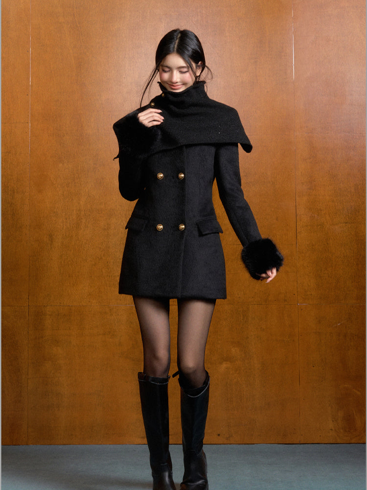 Short Slim Wool Coat with Detachable Faux Fur