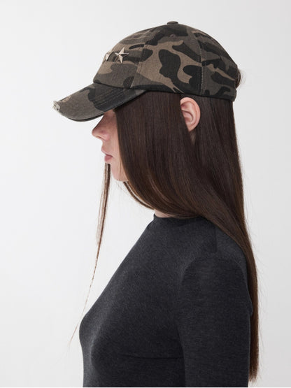 Distressed Star-Studded Camouflage Baseball Cap