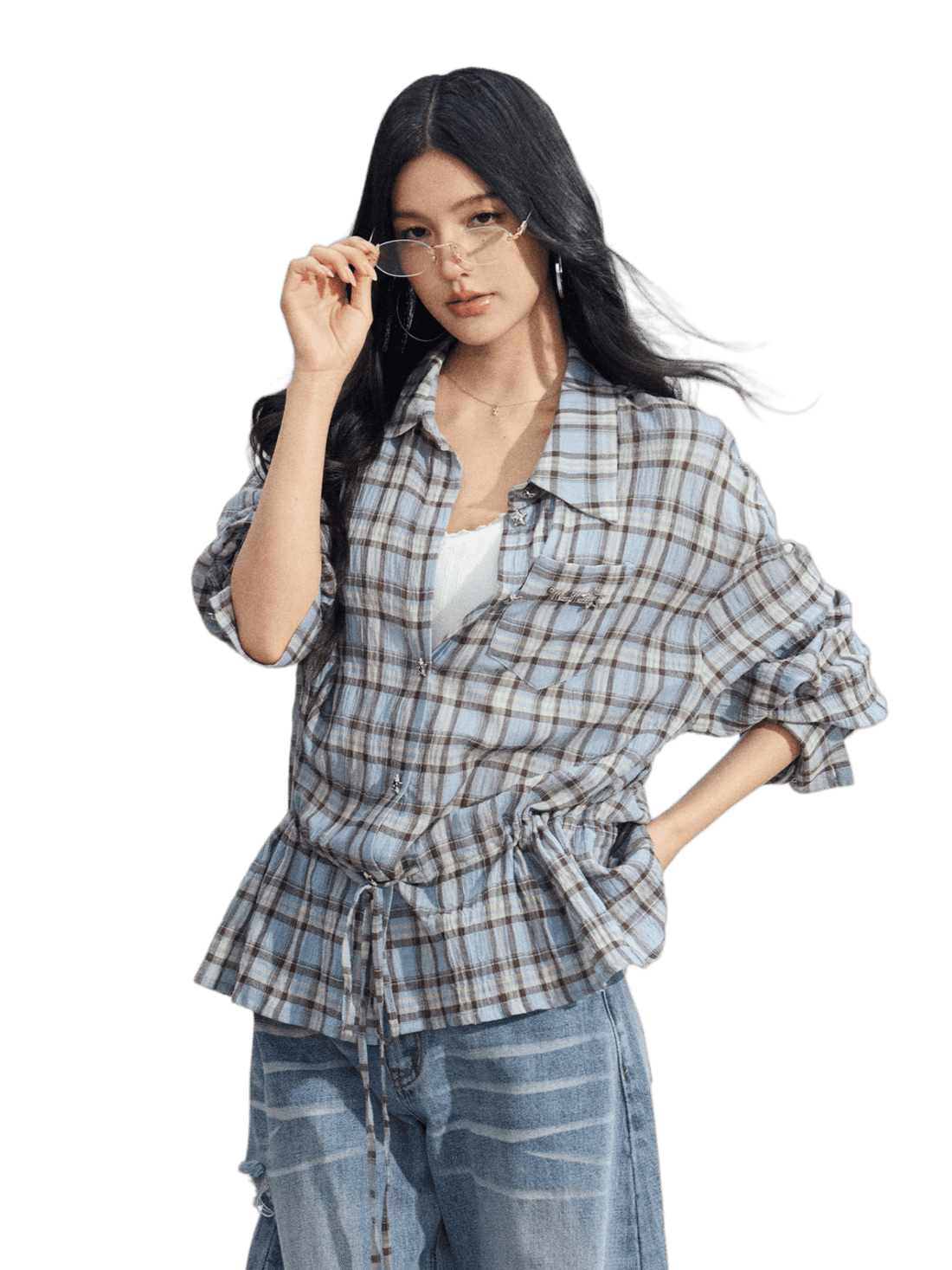 Vintage Plaid Drawstring Shirt