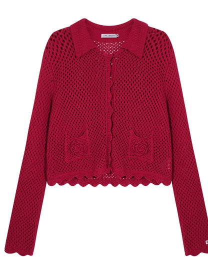 Hollow-out 3D Flower Crochet Lapel Cardigan - CHINASQUAD