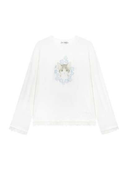 Lace Panel Animal Print Long-Sleeve Tee - CHINASQUAD