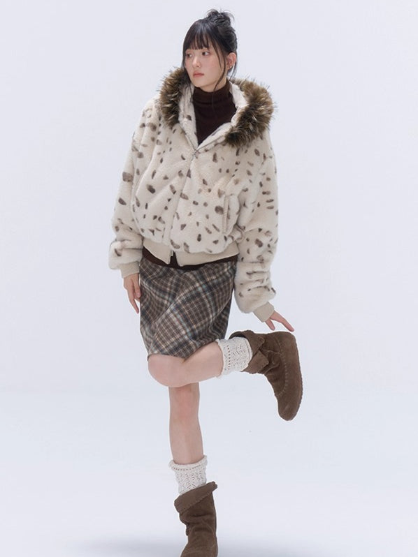 Faux Fur Hooded Zip-Up Cropped Jacket