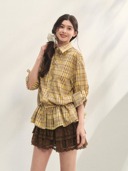 Ruffled Hem Waist-Cinching Checked Shirt - CHINASQUAD