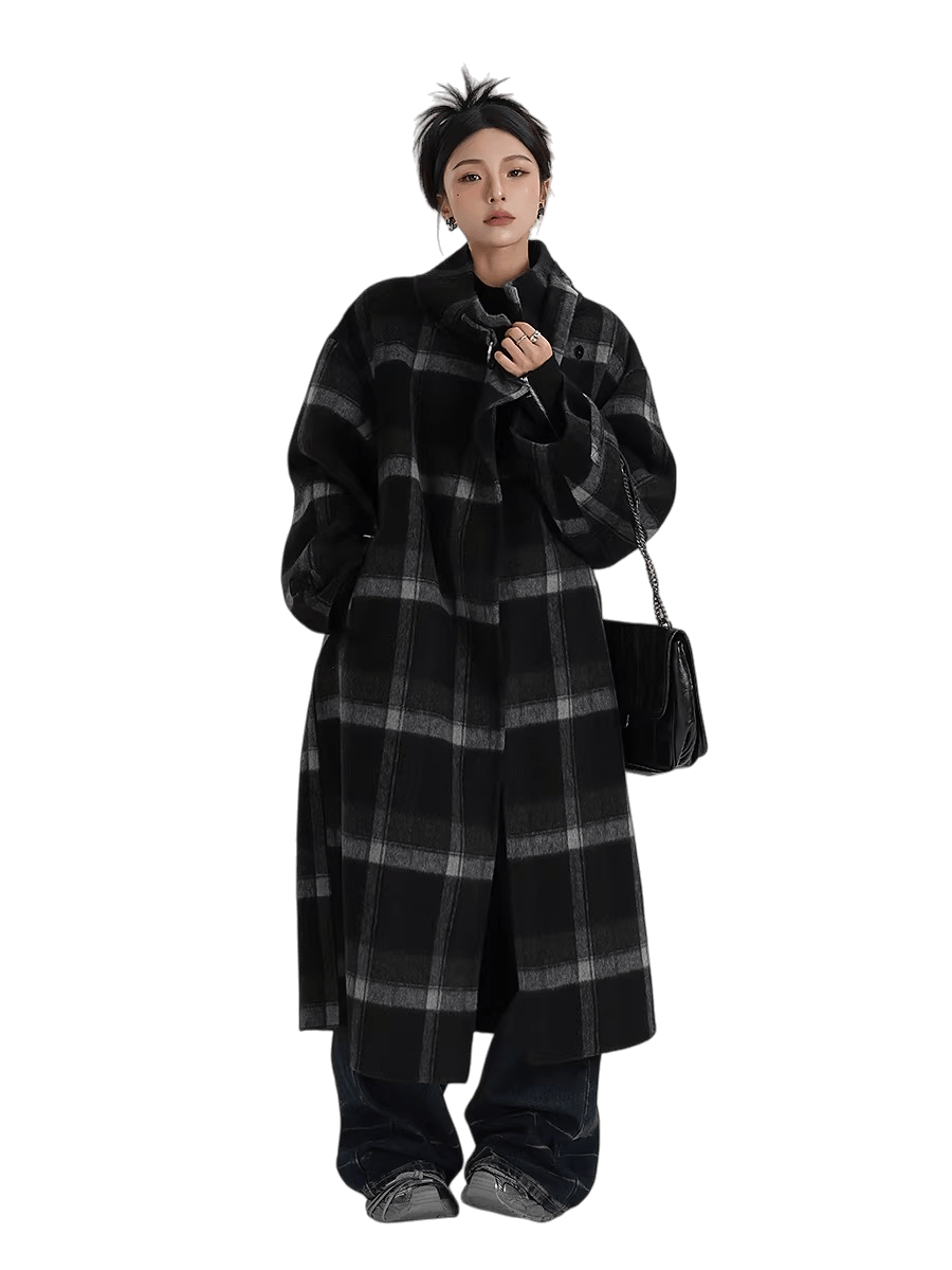 Plaid Stand-Collar Double-Faced Wool Coat