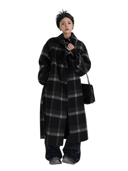 Plaid Stand-Collar Double-Faced Wool Coat
