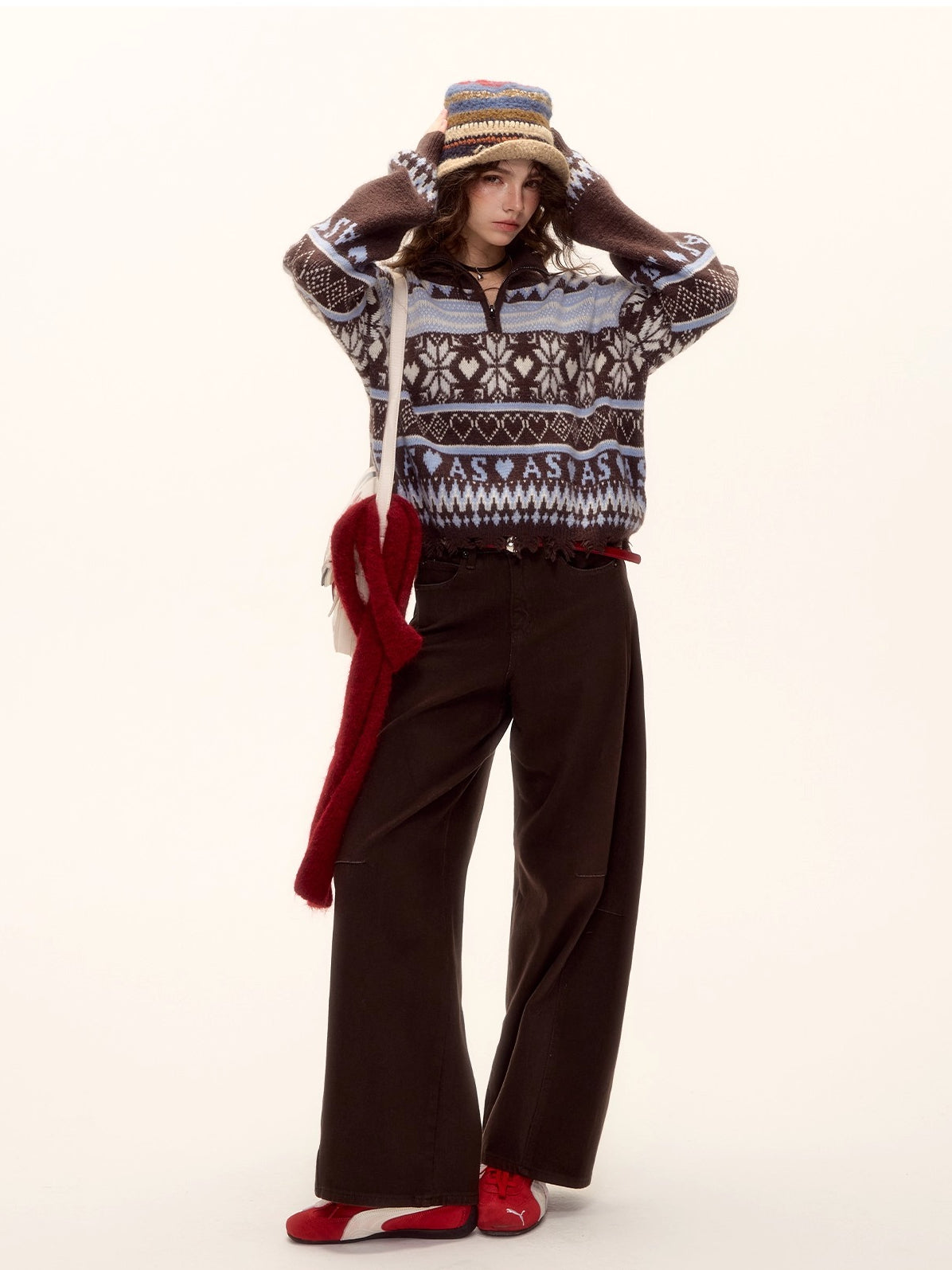 Red Belt Decor Curved-Hem Denim Wide-Leg Jeans