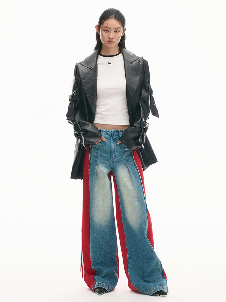 Elastic-Waist Color-Blocked Wide-Leg Pants