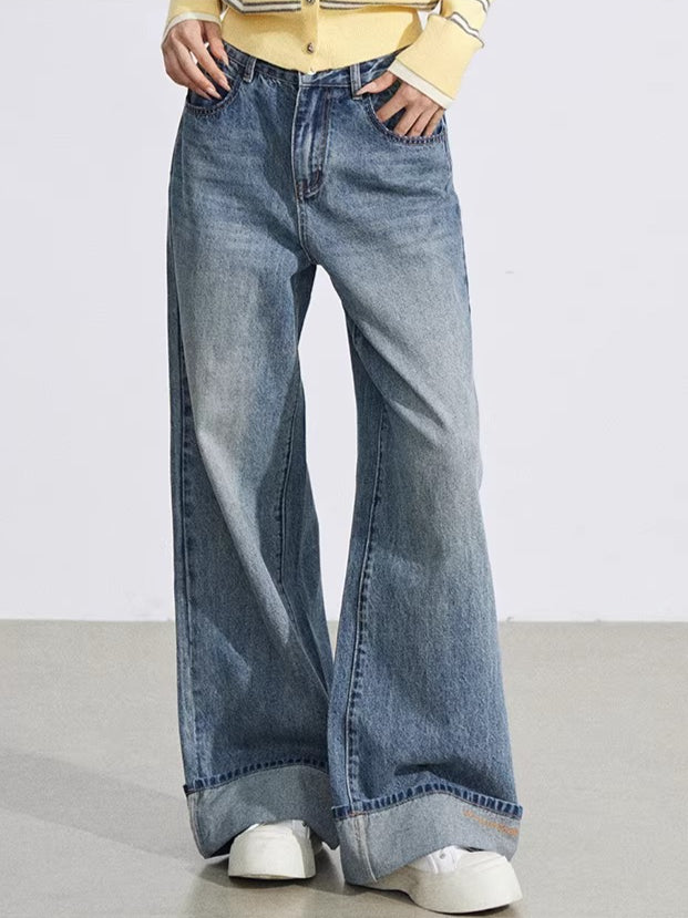 Vintage Wash Embroidered Wide-Leg Jeans