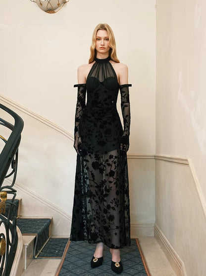 Velvet Halter-Tie Floral Corset Maxi Dress