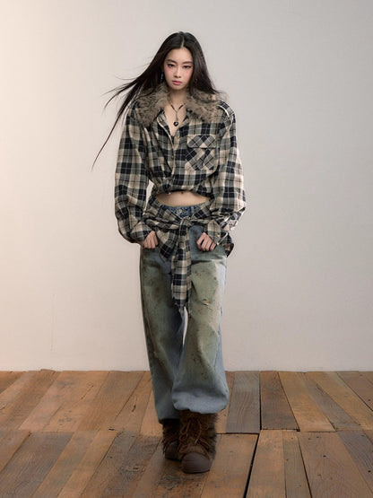 Plaid Detachable Fur Collar Two-Piece Shirt Set
