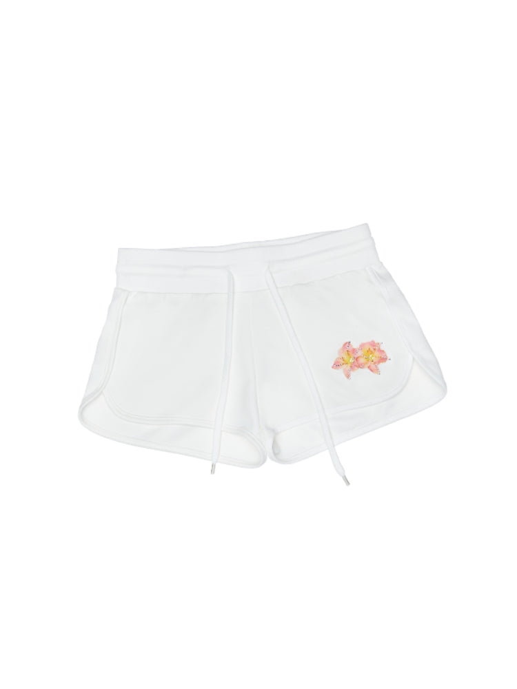 Flower Embroidered Rhinestone Sports Shorts