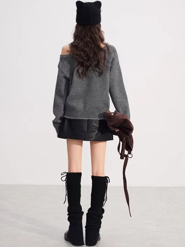 Deconstructed Off-Shoulder Embroidered Knit Sweater