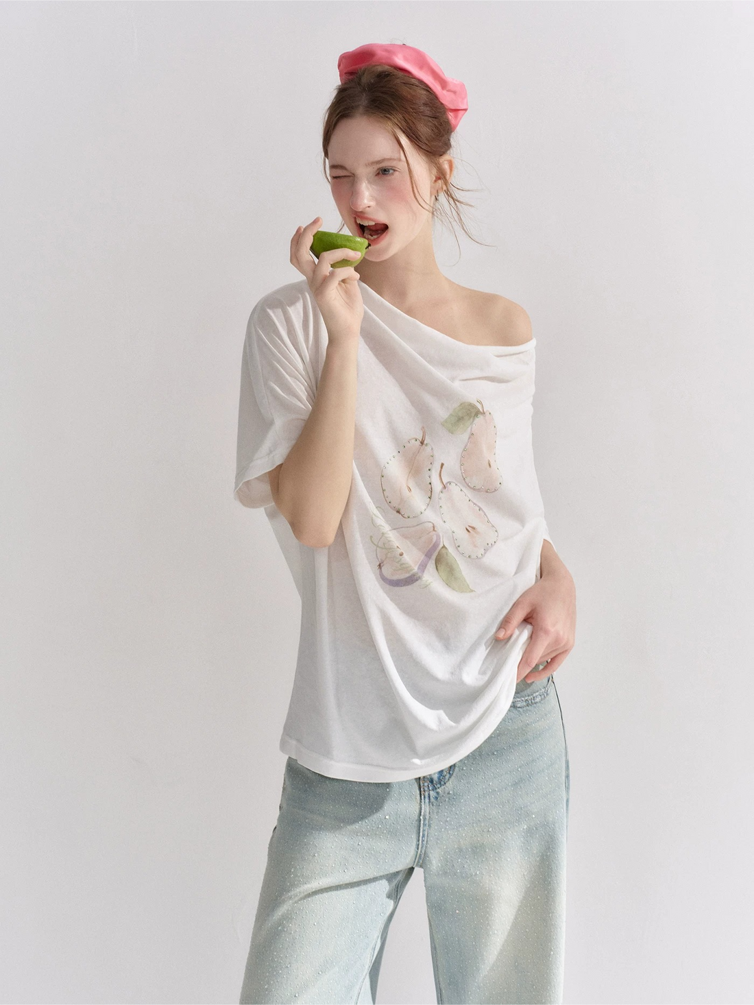 ASGONY Pear Embellished Draped Off-Shoulder Relaxed T-Shirt – view 6