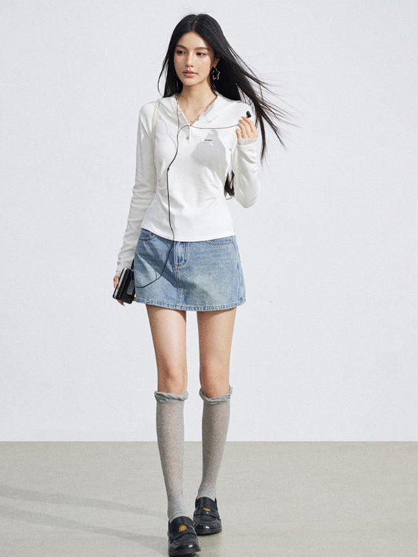 Lace Hooded Slim-Fit Long Sleeve T-Shirt