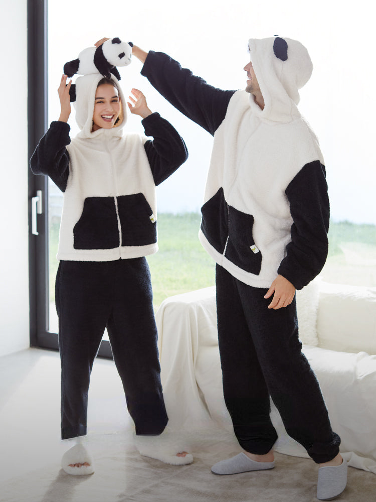 Panda Pattern Coral Fleece Couple Winter Pajama Set