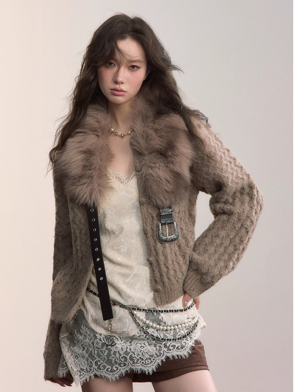 Textured Wool-Blend Cable Knit Cardigan