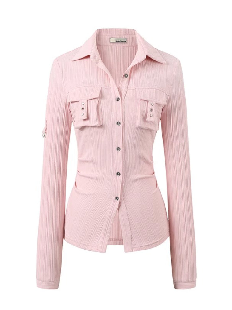Striped Rivet 3D Pocket Fitted Shirt