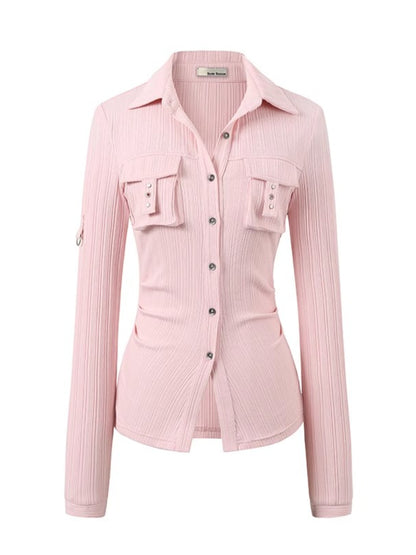Striped Rivet 3D Pocket Fitted Shirt