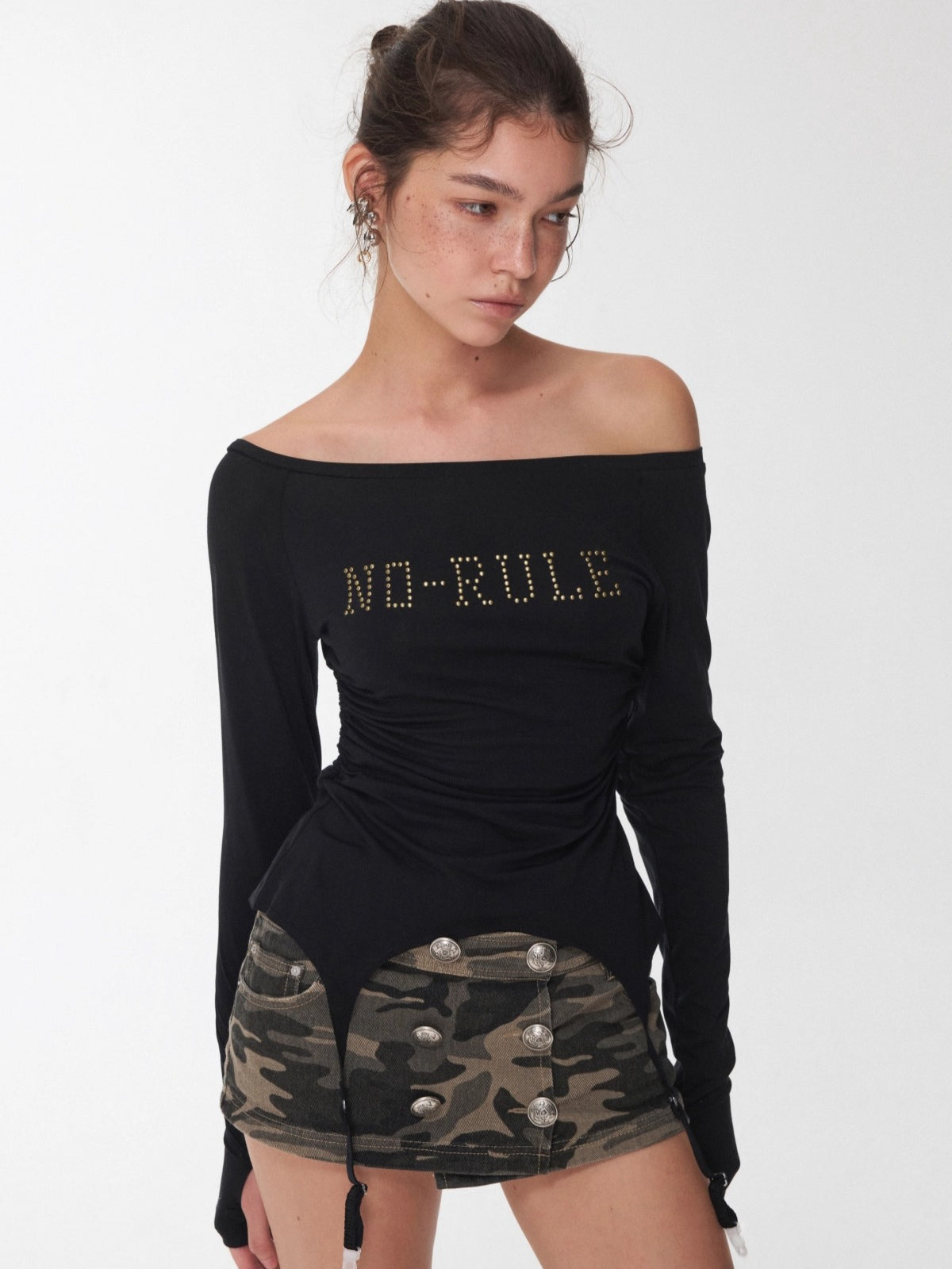 Crystal-Studded Boat-Neck Knit Blouse