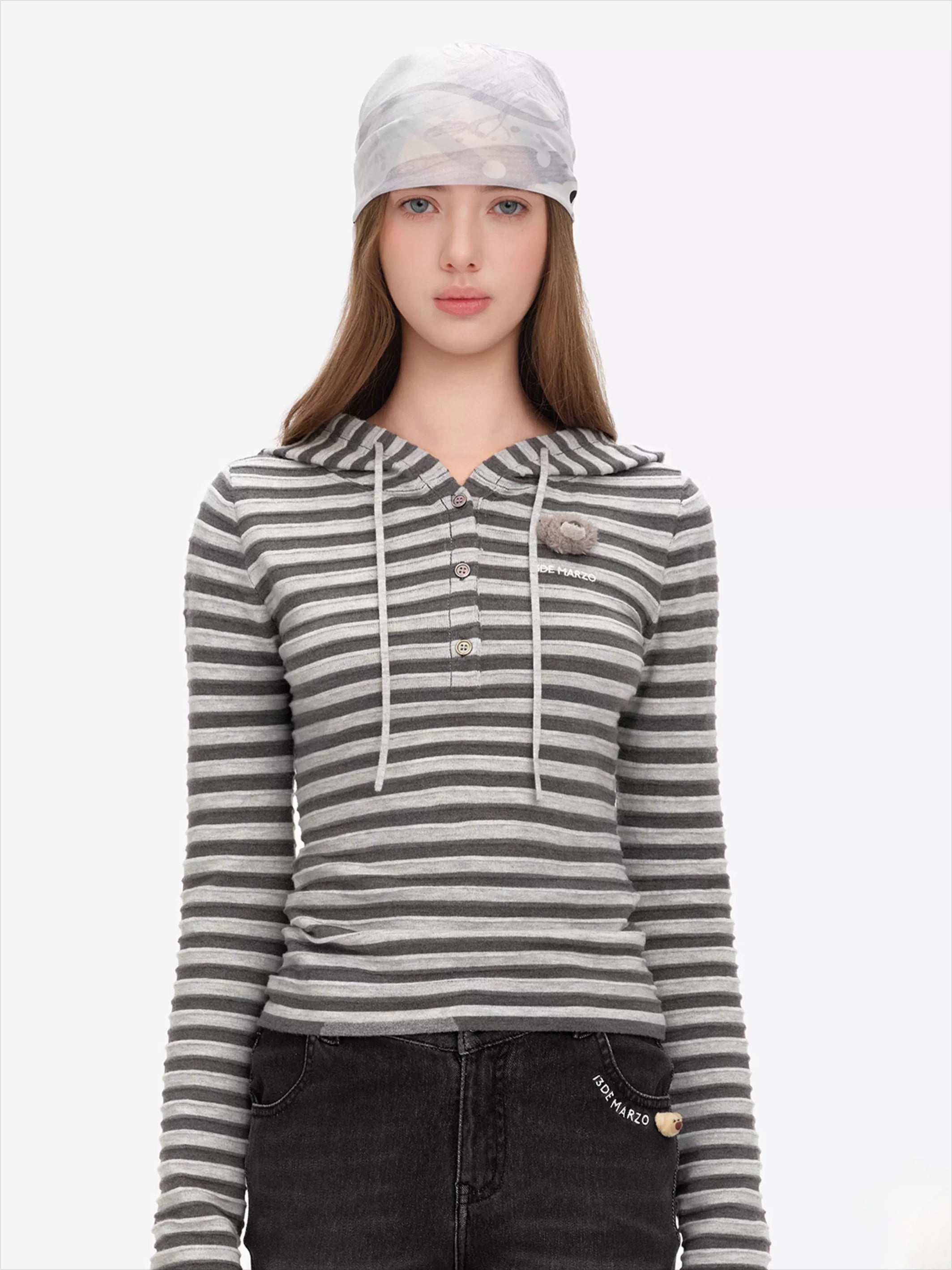 Striped Bear Button Hoodie Tee