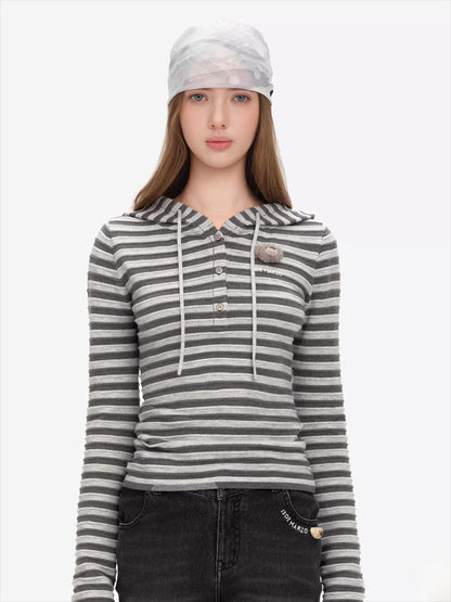 Striped Bear Button Hoodie Tee