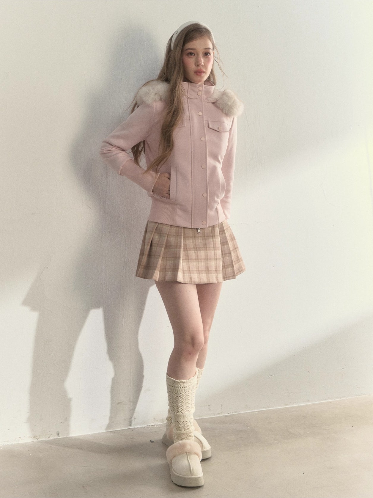 Vintage Plaid Wool Leather Buckle Pleated Skirt