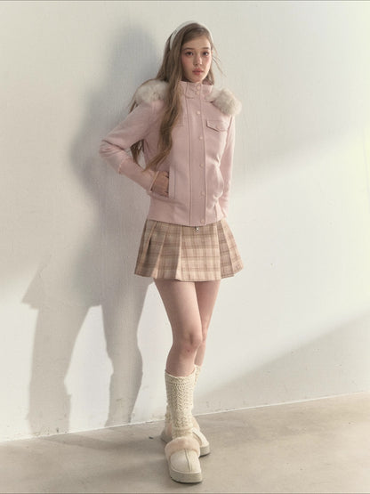 Vintage Plaid Wool Leather Buckle Pleated Skirt