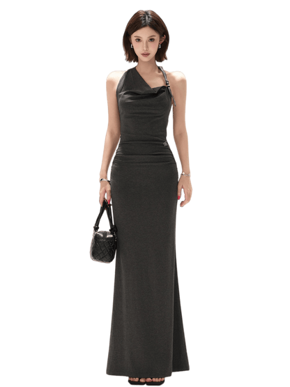 Elegant Draped Halter Knit Maxi Dress