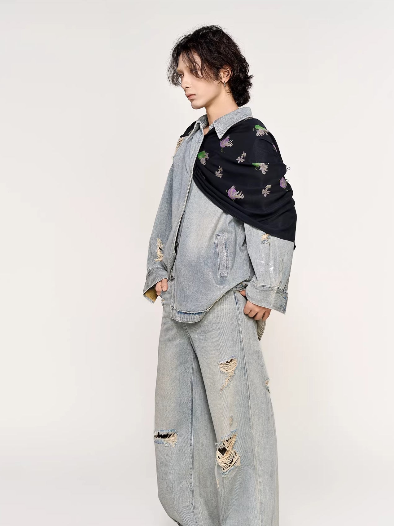 Silver-Foil Raw-Edge Oversized Denim Shirt