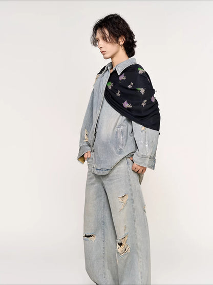 Silver-Foil Raw-Edge Oversized Denim Shirt