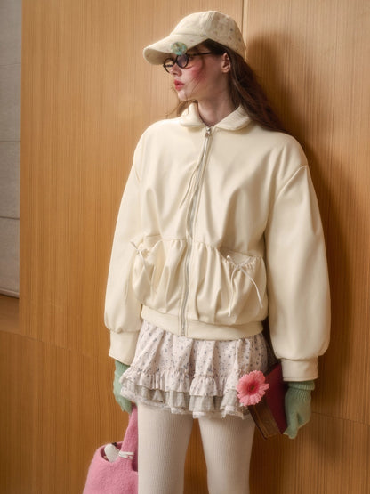 Cream Leather Soft Padded Jacket