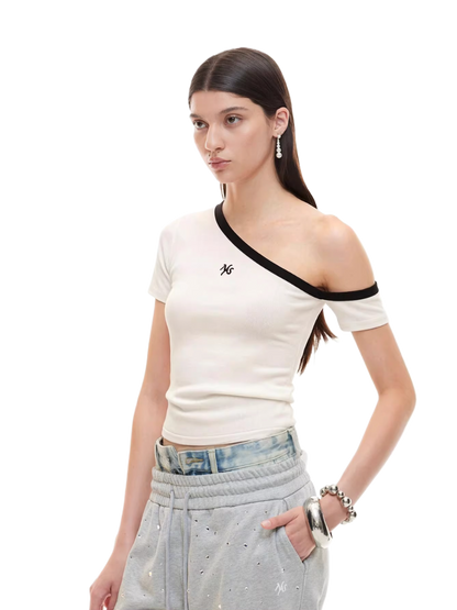 Asymmetric Sculpting Contrast Trim Fitted Tee