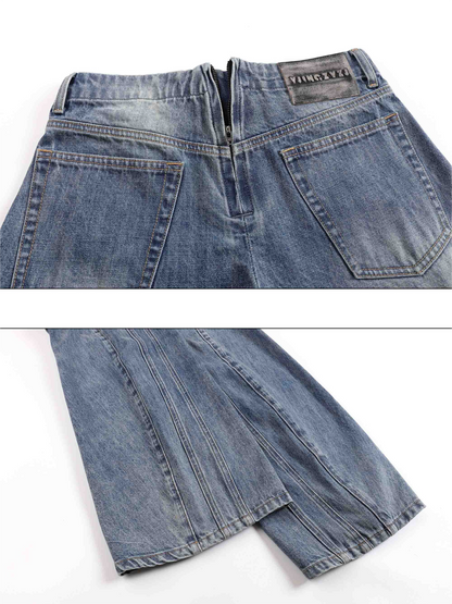Washed Deconstructed Wide-Leg Jeans