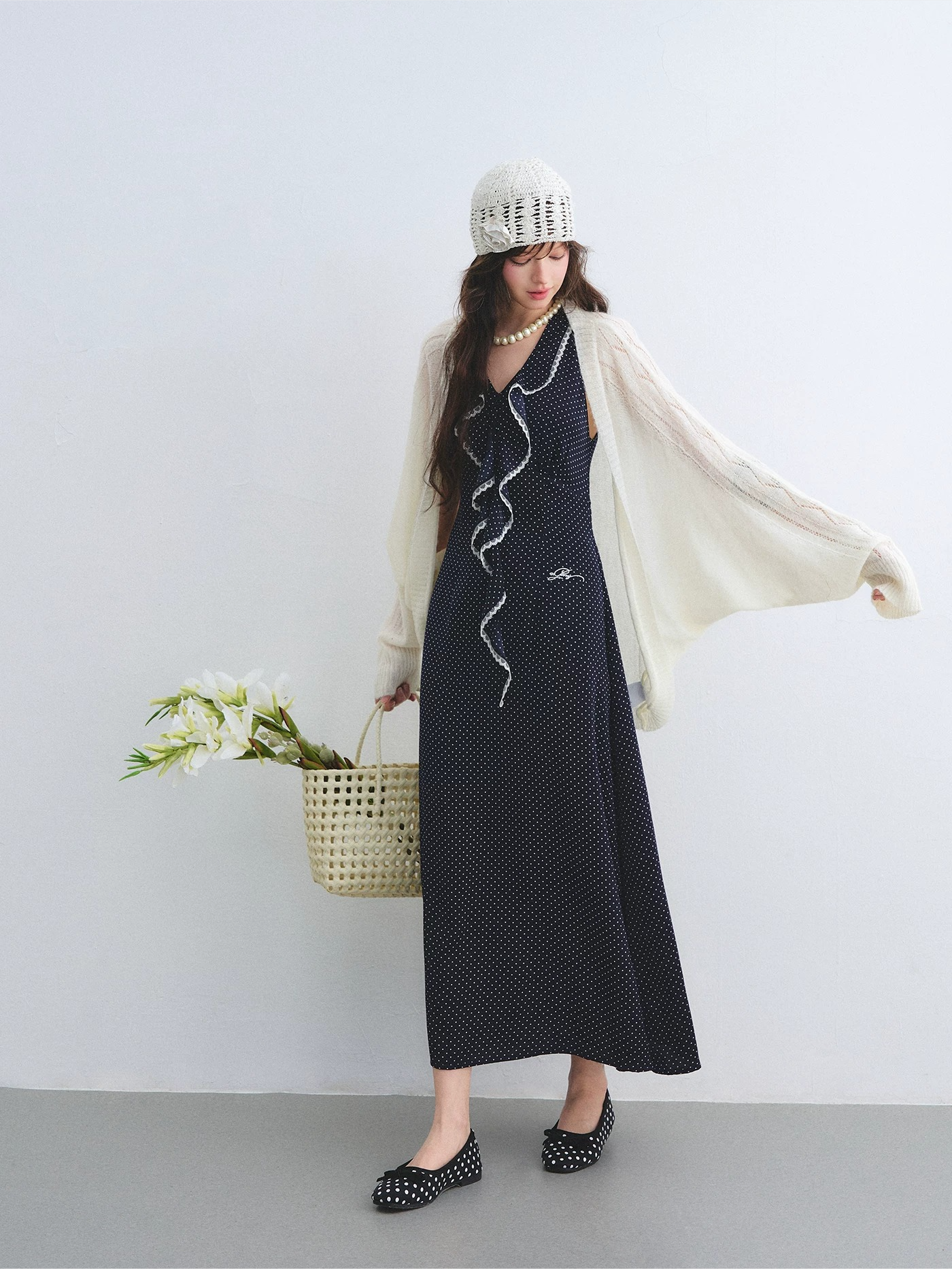 Navy Polka Dot Lace Ruffle V-Neck Sleeveless Midi Dress
