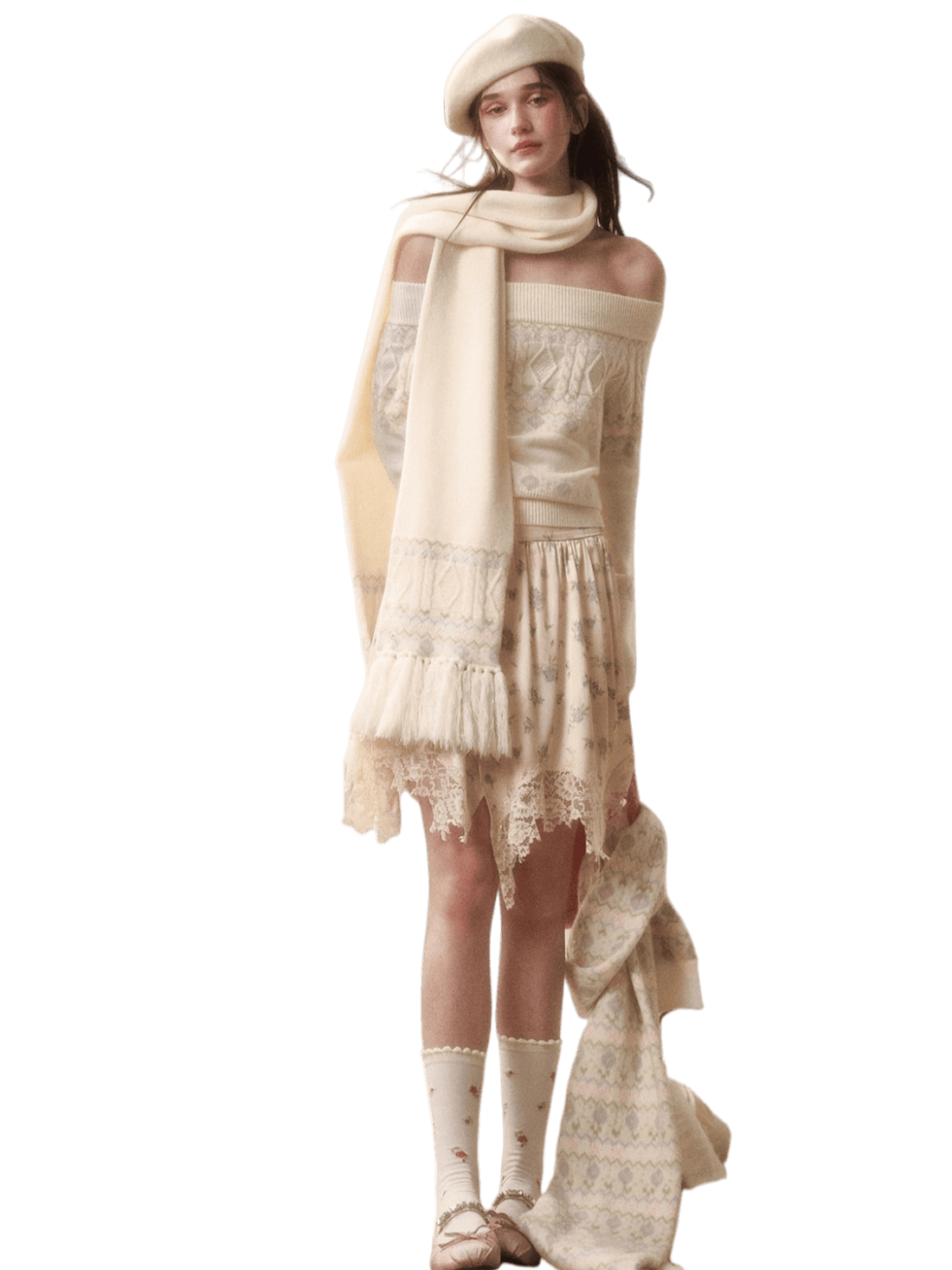 Cosagach Fair Isle Knit Crewneck &amp; Floral Skirt Set