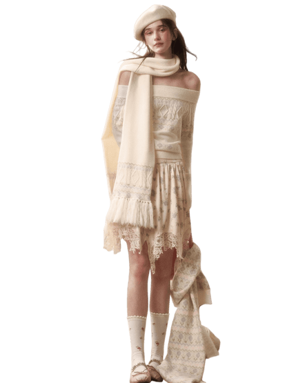 Cosagach Fair Isle Knit Crewneck &amp; Floral Skirt Set