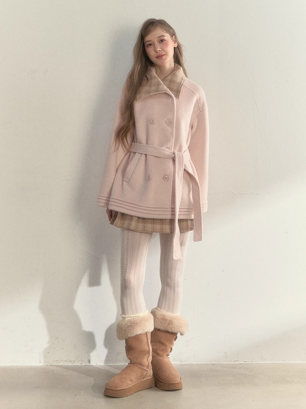 Khaki &amp; Misty Pink Plaid Collar &amp; Belt  Wool Coat