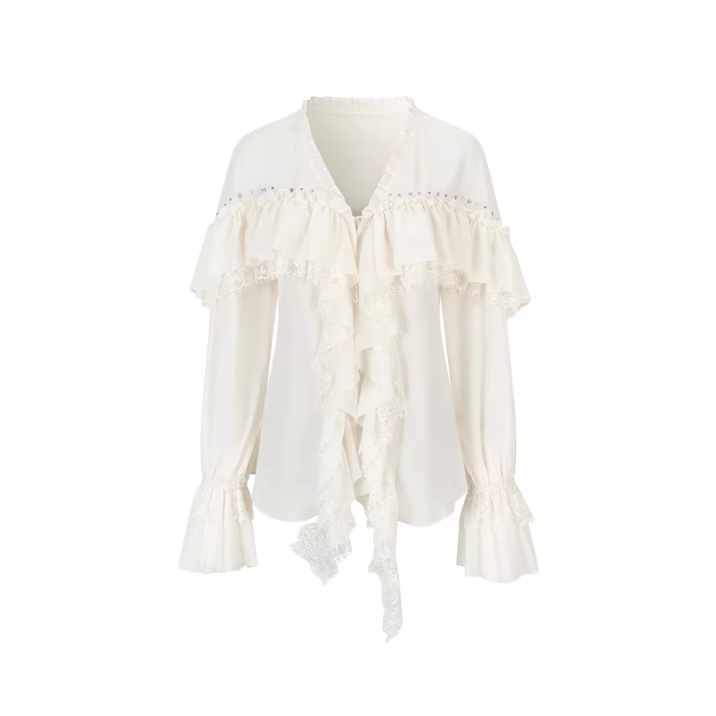 Sheer Lace-Trim Tie Blouse