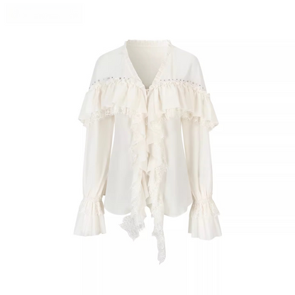 Sheer Lace-Trim Tie Blouse