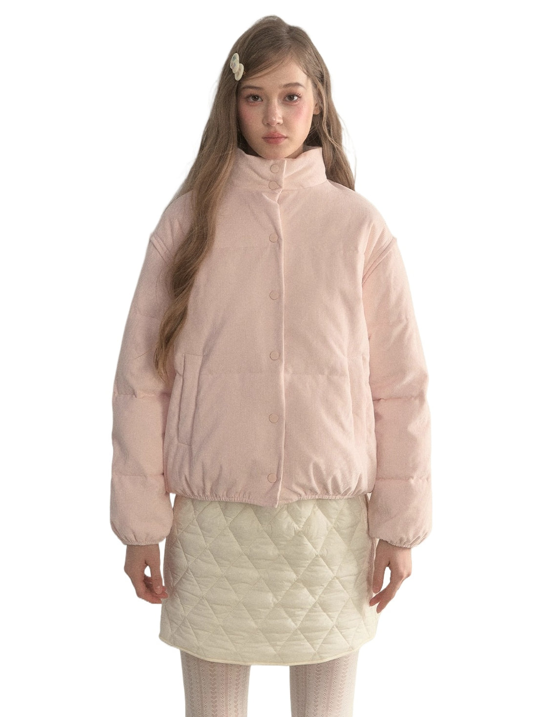 Pink Detachable-Sleeve Corduroy Floral Reversible Jacket