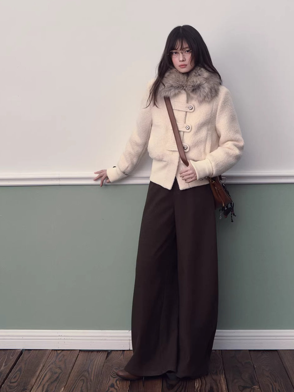 Wool-Blend Fur-Collar Short Down Jacket