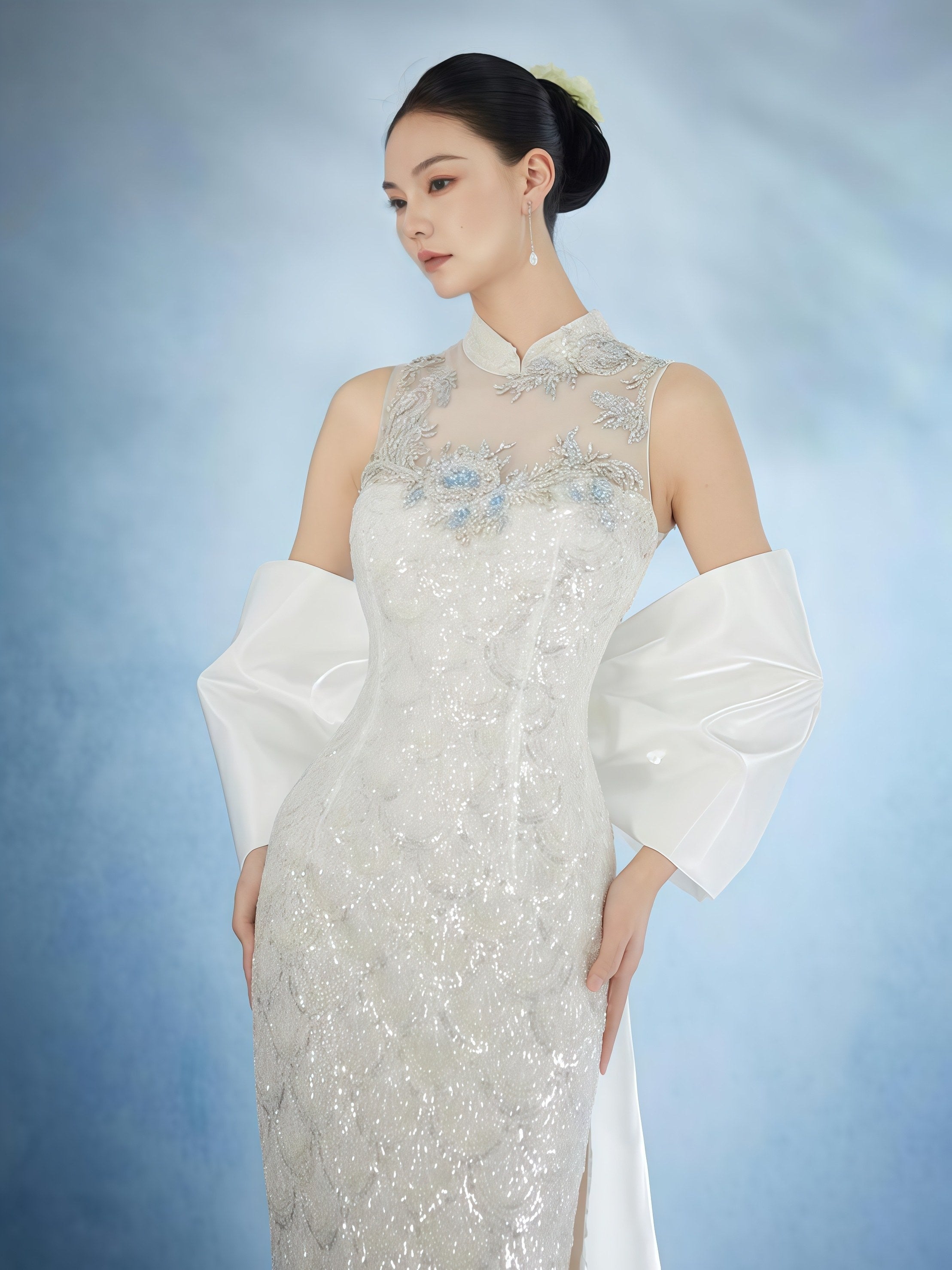 Ivory Embroidered Mandarin Collar Gown with Detachable Bow Train