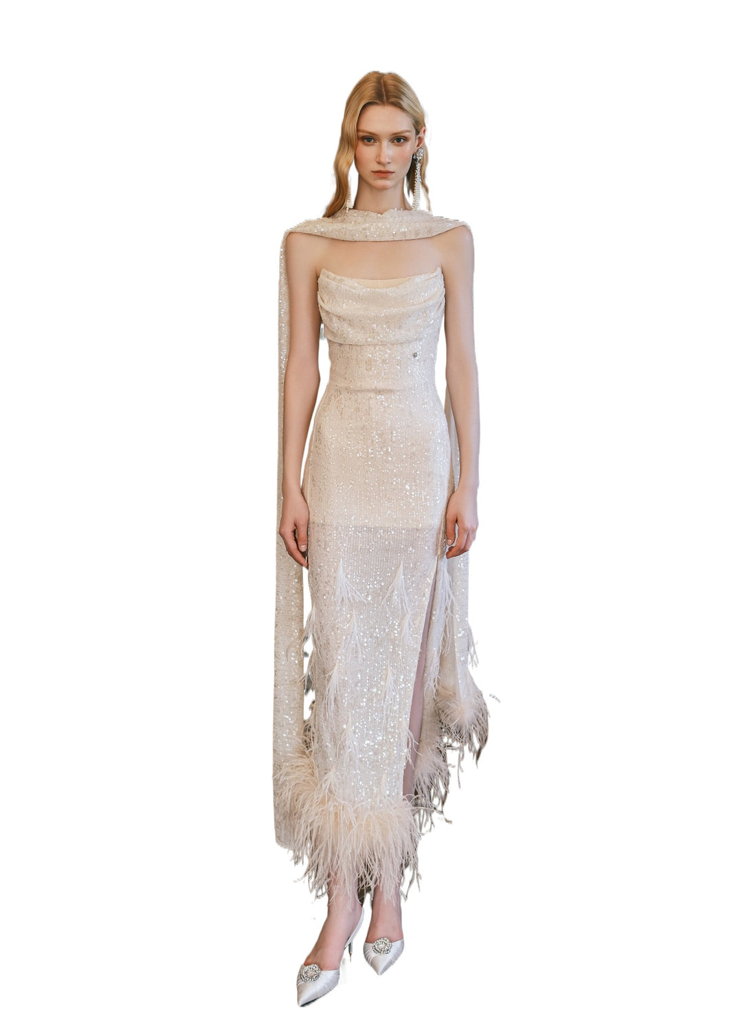 Diamond Sequin Feather Drape Tie Strapless Midi Dresse