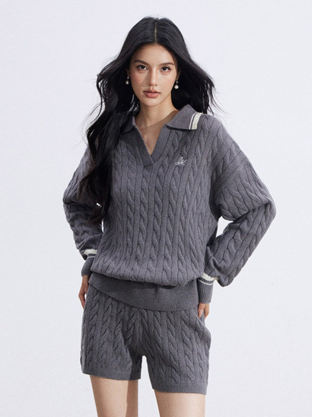 Color-Block Knit Top and Shorts Two-Piece Set
