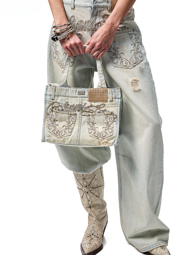 Distressed Printed Denim Tote Bag