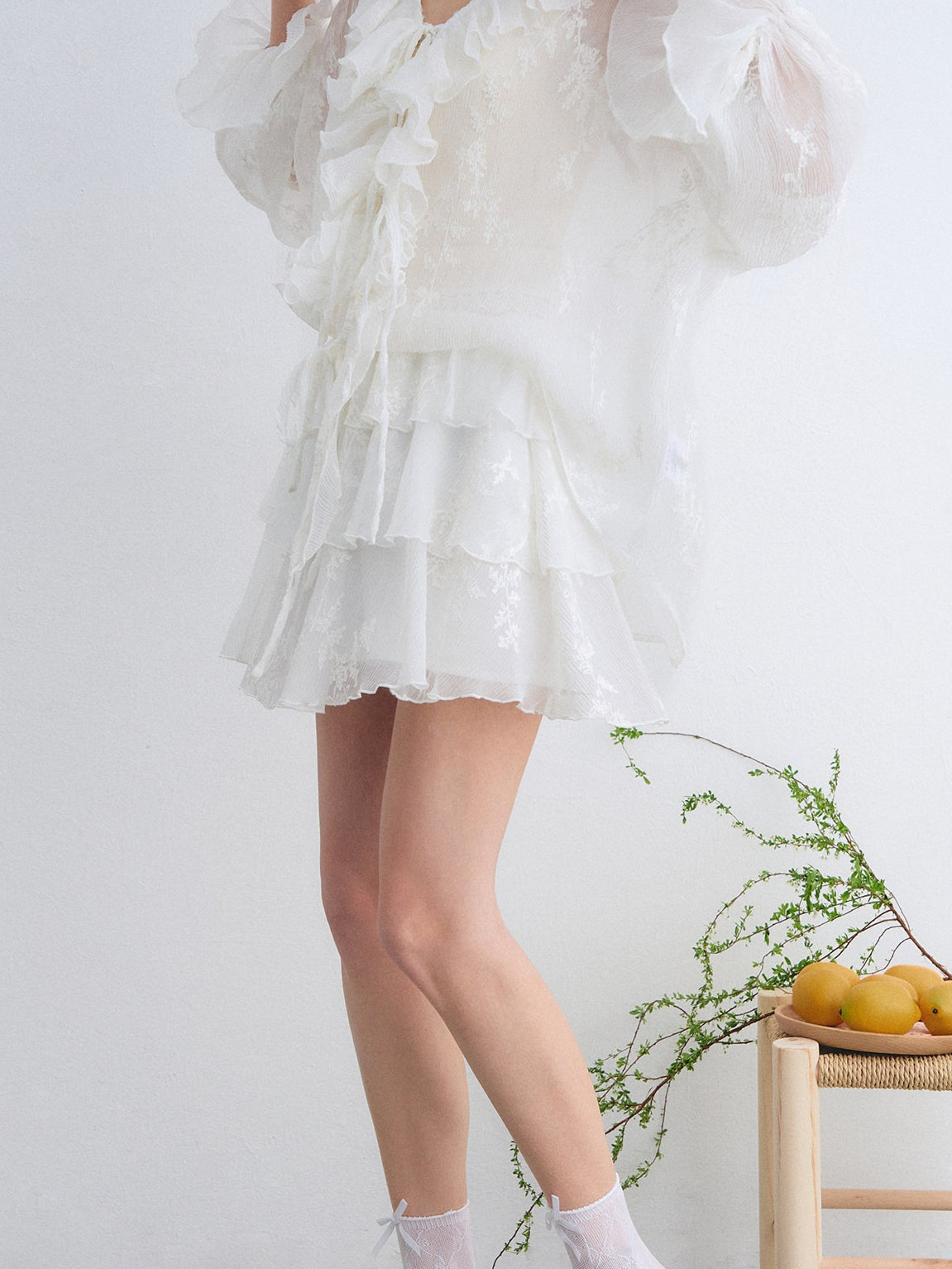 Embroidered Ruffle Chiffon Shirt &amp; Tiered Skirt Set
