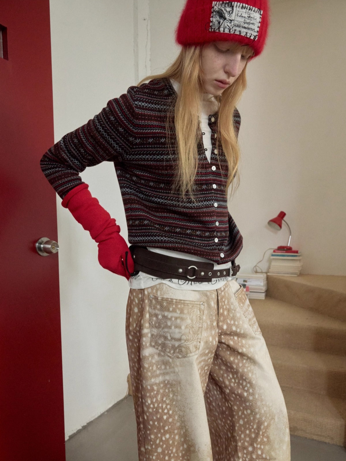 Fair Isle Pony Jacquard Drawstring Knit Cardigan