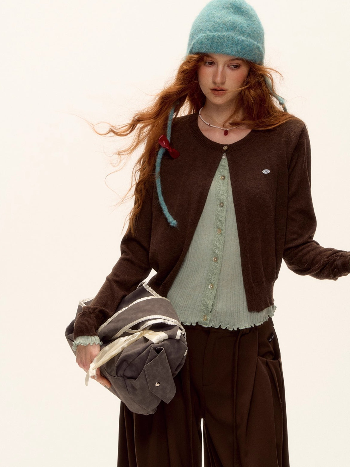 Contrast Panel Ruffled Knit Cardigan