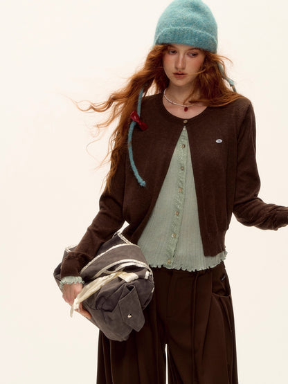 Contrast Panel Ruffled Knit Cardigan