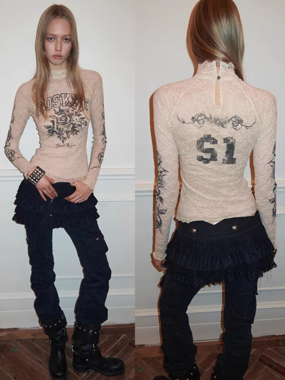 Vintage Rose Lace Print Sheer Base-Layer